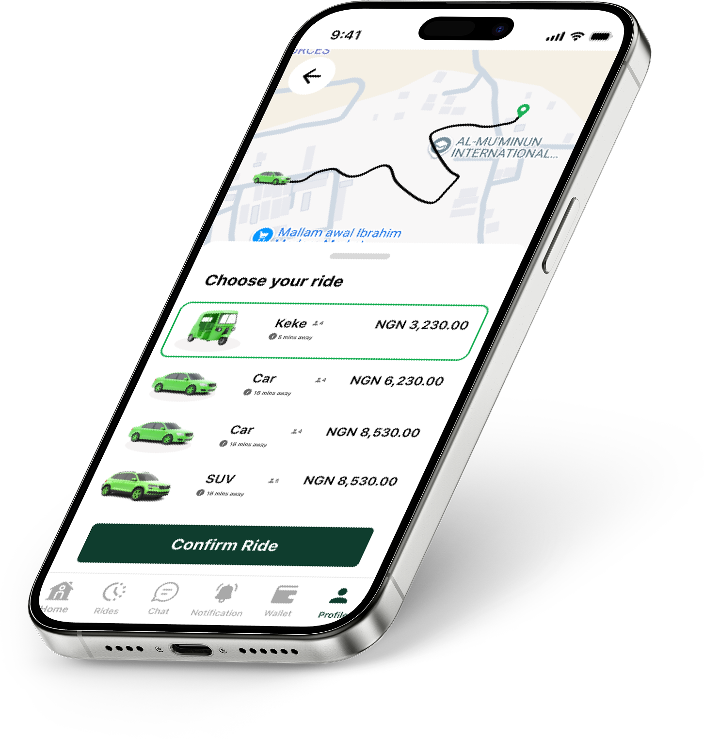MaryGo app interface showing ride options